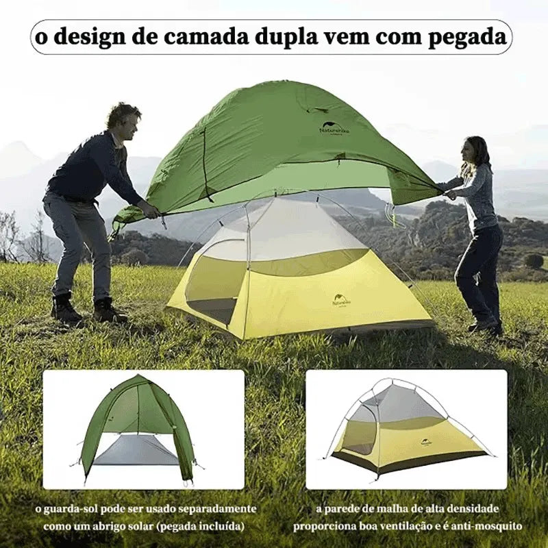 Design de camada dupla que permite usar a cobertura como guarda-sol separado, otimizando a ventilação e proteção anti-mosquito.