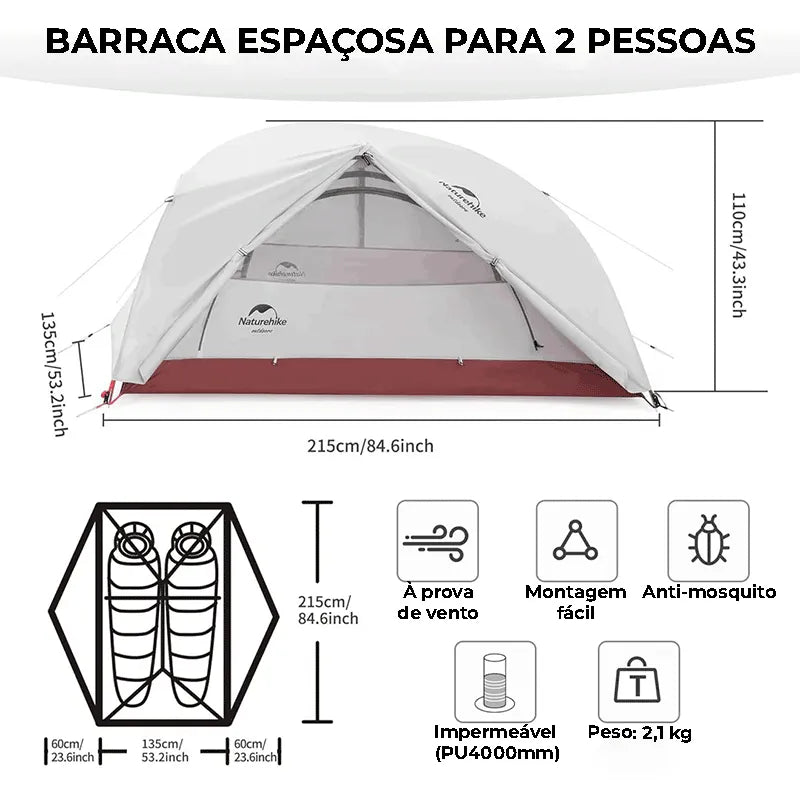 Diagrama da barraca espaçosa para 2 pessoas, com Peso de 2.1 KG e impermeável PU4000mm, combinando portabilidade e segurança.