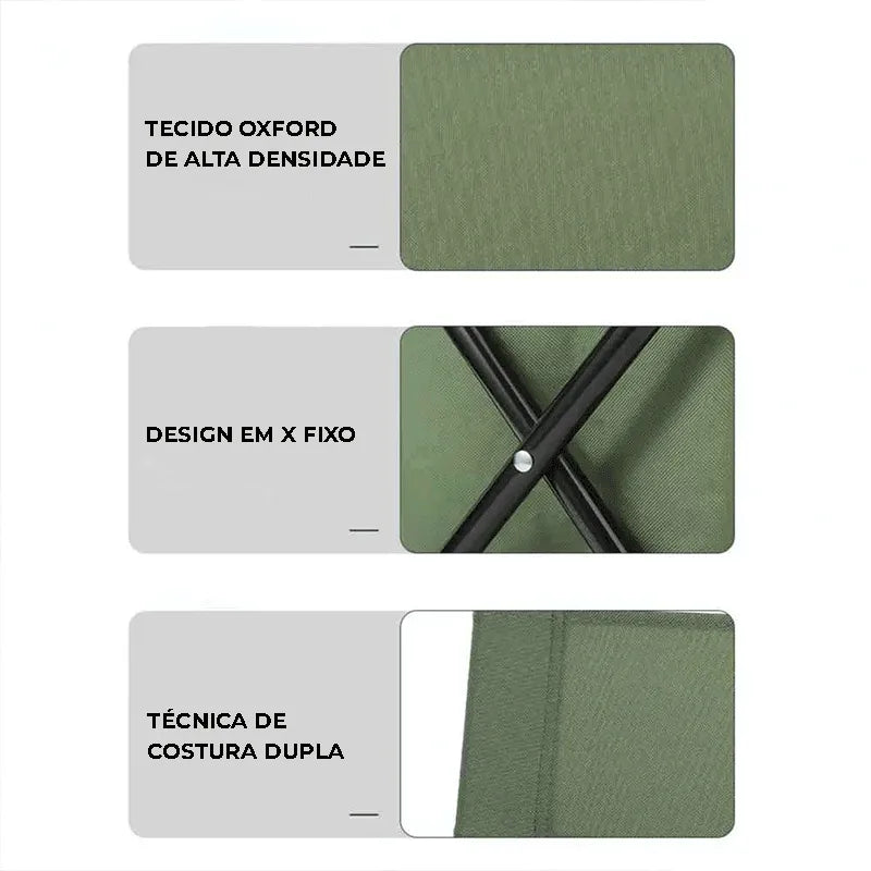 Detalhes da cadeira mostrando o Tubo de Aço Reforçado de 16mm e o Tecido Oxford Resistente, garantindo durabilidade extrema e Alto Valor.