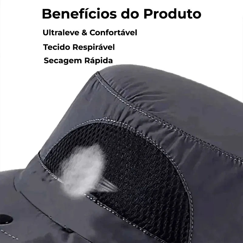 Painel de benefícios destacando o tecido respirável, ultraleve e de secagem rápida, essenciais para o conforto prolongado.