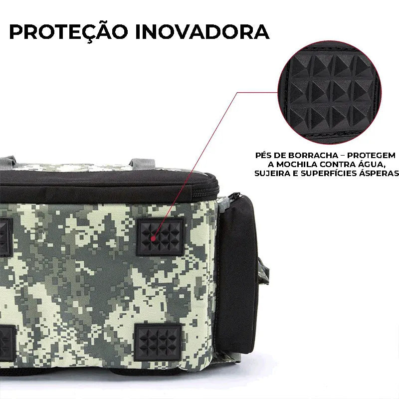 Proteção Inovadora com pés de borracha na base, que protege a mochila contra água, sujeira e superfícies ásperas, USP de durabilidade extrema.