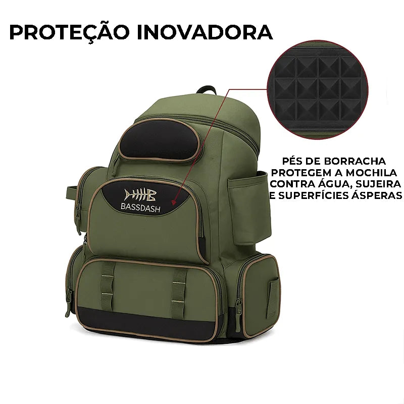 Proteção Inovadora com pés de borracha na base, protegendo a mochila contra água, sujeira e superfícies ásperas (USP de durabilidade extrema).