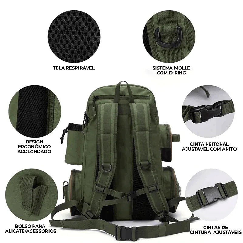 Mochila de camping verde militar Pesca Master ergonômica com alças reforçadas