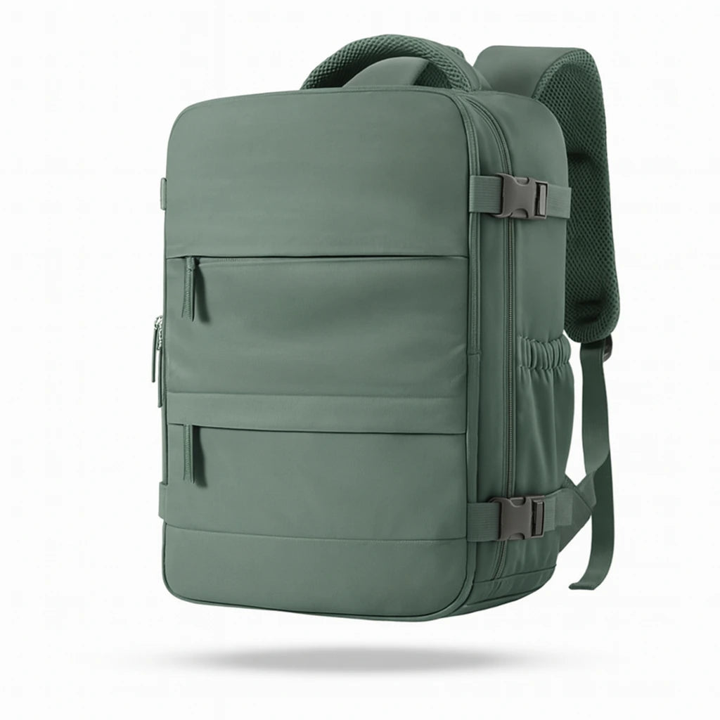 Mochila de Viagem Unissex verde com abertura 180°, ideal para viagem smart e organização prática, acessório de Alto Valor.