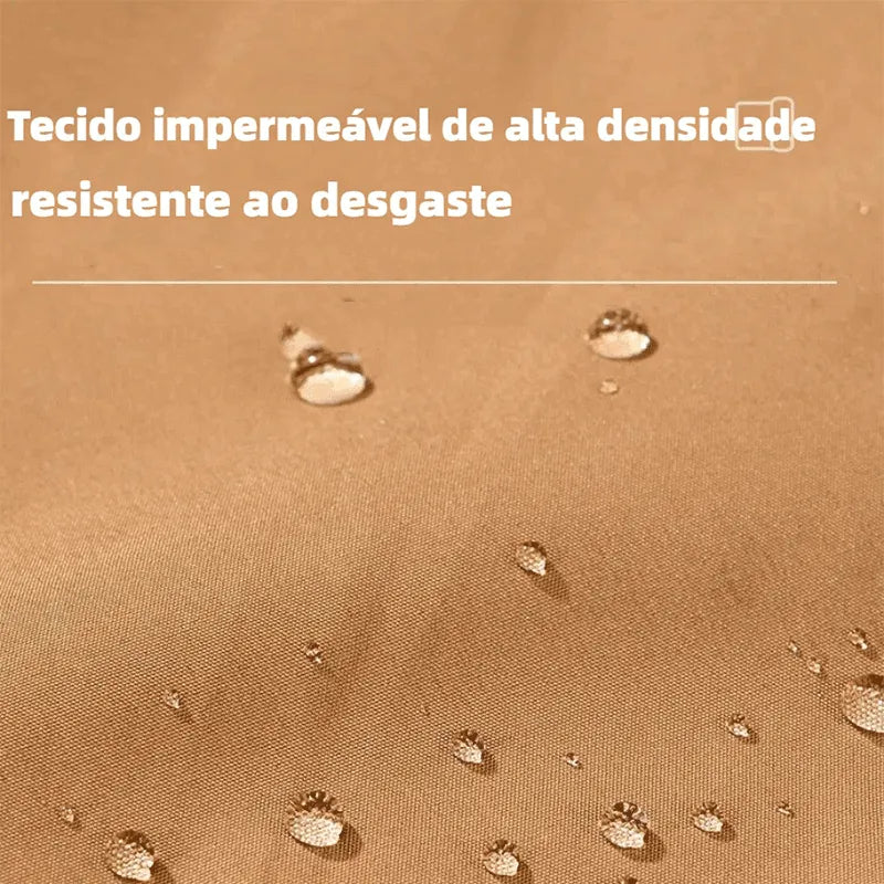 Close-up do tecido impermeável de alta densidade, que é resistente ao desgaste e oferece vedação superior contra umidade.