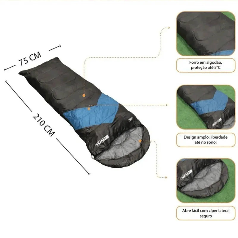 Saco de dormir com proteção até 5°C, destacando o forro em algodão para higiene e o zíper lateral seguro.