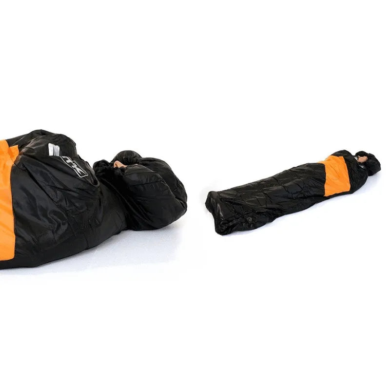 Vista completa do saco de dormir, ressaltando o isolamento térmico e o design mumificado que oferece conforto e segurança em noites frias.