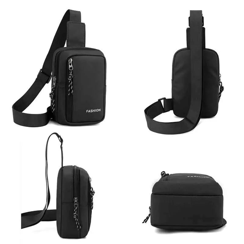 Shoulder Bag Compacta preta em quatro ângulos, destacando a portabilidade extrema e o design versátil de Alto Valor.