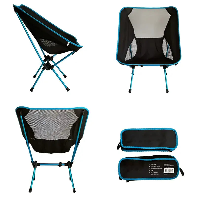 Vista frontal lateral e traseira da cadeira de camping dobrável azul estrutura resistente