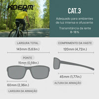 Diagrama de dimensões e certificação CAT.3, adequado para luz intensa e ofuscante, destacando a segurança da lente polarizada.