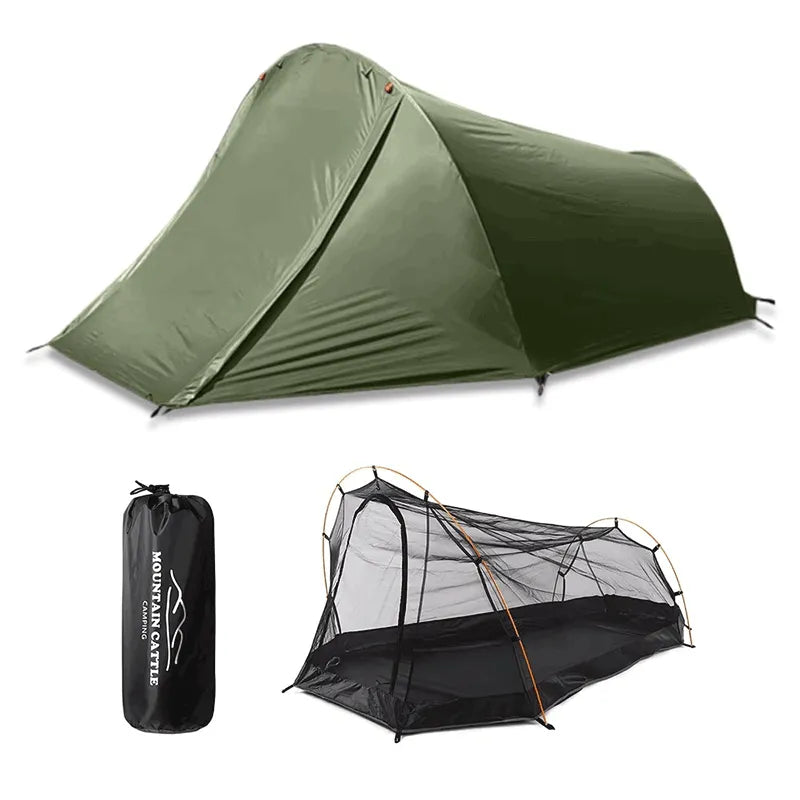 Barraca Camping para 2 Pessoas Resistente | Oxford Pro em duas camadas (interna mosquiteiro e externa impermeável), destacando a versatilidade do modelo removível.