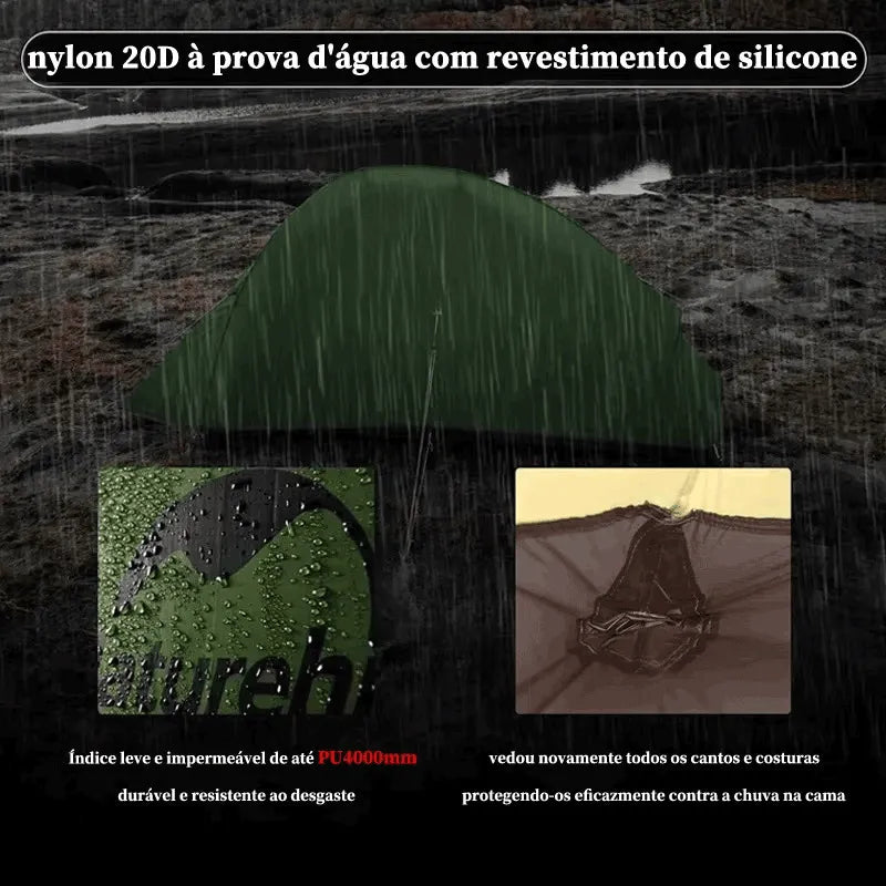 Close-up do tecido impermeável Nylon 20D, reforçando a qualidade premium e a durabilidade do revestimento de silicone.