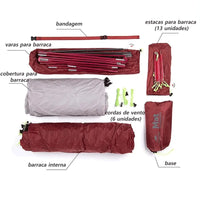 Kit completo de acampamento, incluindo varetas e 13 estacas para fixação, otimizando a portabilidade ultralight do produto.