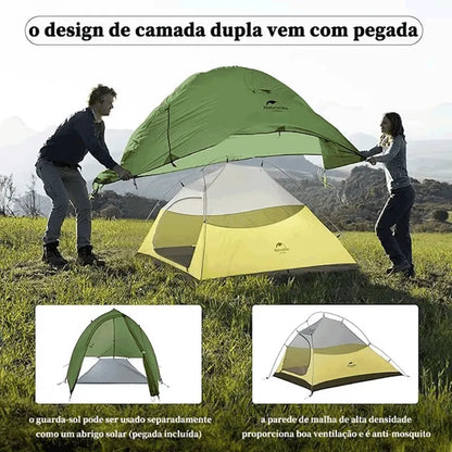 Design de camada dupla que permite usar a cobertura como guarda-sol separado, otimizando a ventilação e proteção anti-mosquito.