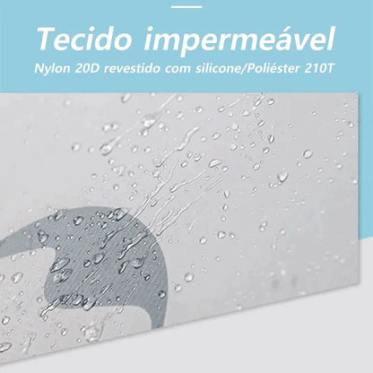 Tecido Nylon 20D com revestimento de silicone e PU4000mm, mostrando vedação de costuras para segurança extrema contra chuva.