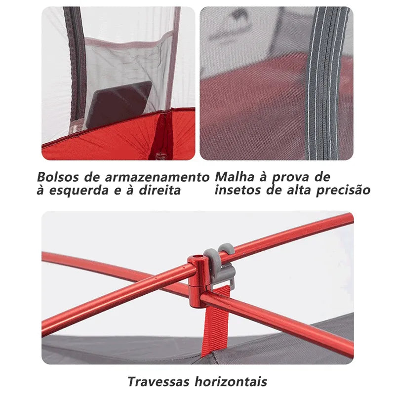 Detalhes de funcionalidade, como bolsos e malha anti-insetos de alta precisão, sustentados pelas travessas de Alumínio 7001.