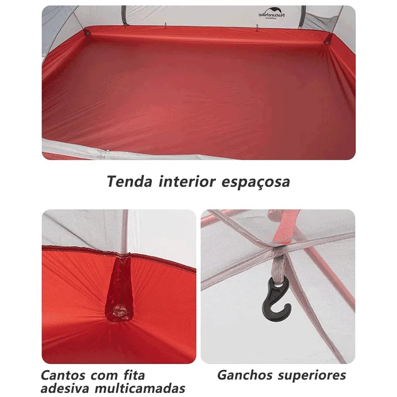 Tenda interior com cantos vedados por fita adesiva multicamadas, aumentando a segurança e impermeabilidade do piso espaçoso.