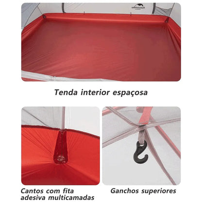 Tenda interior com cantos vedados por fita adesiva multicamadas, aumentando a segurança e impermeabilidade do piso espaçoso.