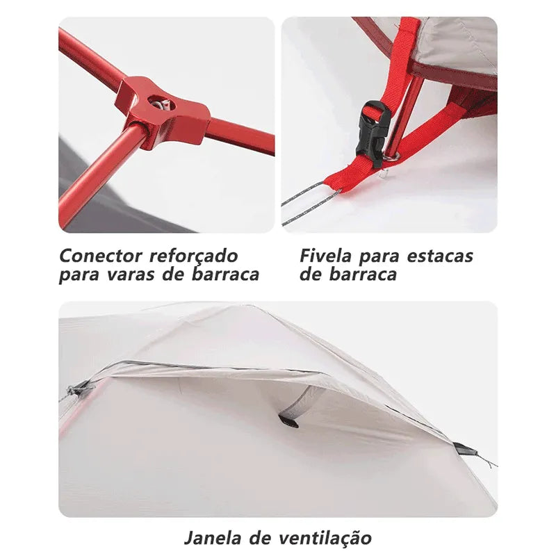 Close-up do conector reforçado para varas de Alumínio 7001 e da janela de ventilação, garantindo estabilidade e conforto.