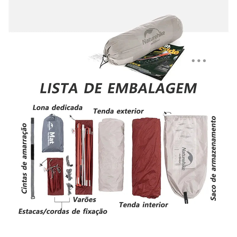 Lista de embalagem completa, incluindo varões e lona dedicada, comprovando a qualidade dos acessórios e a durabilidade do kit.