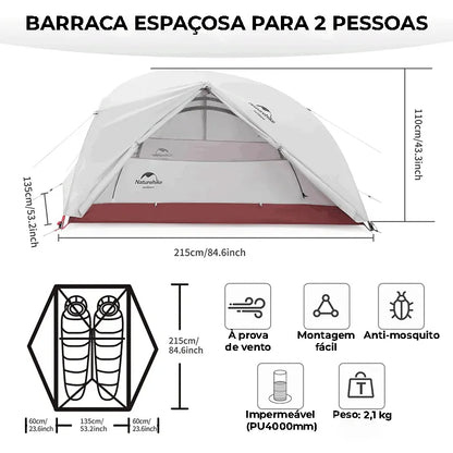 Diagrama da barraca espaçosa para 2 pessoas, com Peso de 2.1 KG e impermeável PU4000mm, combinando portabilidade e segurança.
