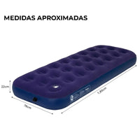 Colchão com medidas 1.85m x 76cm e 22cm de altura, ideal para conforto ergonômico e um sono de qualidade durante o acampamento.