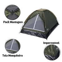 Imagem de detalhes, destacando a fácil montagem, a tela mosquiteiro para segurança e o tecido impermeável da barraca.