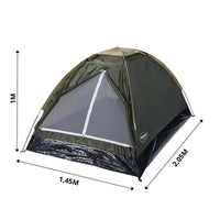 Barraca compacta com dimensões 2.05m x 1.45m, ideal para 2 pessoas, equilibrando portabilidade e durabilidade.