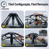 Close-up da estrutura que permite a abertura rápida em 3 segundos, enfatizando a conveniência e a durabilidade do mecanismo Pop-Up.