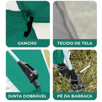 Detalhes de componentes de alta qualidade como a junta dobrável e pé de apoio, essenciais para a segurança e durabilidade da barraca de camping.