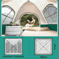 Barraca de camping ampla 200x200cm com espaço para 2 adultos e 2 crianças, maximizando o conforto familiar e a segurança.