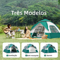 Três modelos de configuração (Ventilação, Anti-Mosquito e Dormir) destacando a versatilidade e o conforto em diferentes cenários de camping.