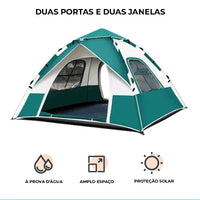 Barraca completa com duas portas e duas janelas para ventilação e proteção solar, oferecendo amplo espaço e segurança para a família.
