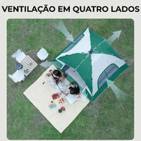 Visão aérea da barraca com setas de ventilação em quatro lados, assegurando o máximo fluxo de ar para o conforto e higiene dos ocupantes.