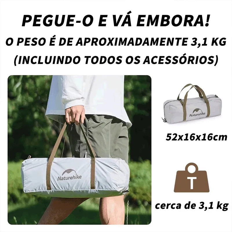 Barraca Cloud River 3 Pessoas compactada na bolsa, mostrando o peso de aproximadamente 3.1 kg (ultraleve) para trekking.