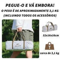 Barraca Cloud River 3 Pessoas compactada na bolsa, mostrando o peso de aproximadamente 3.1 kg (ultraleve) para trekking.