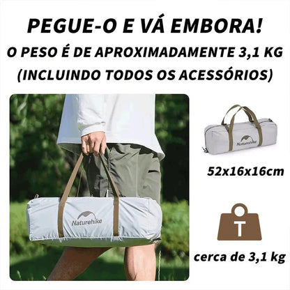 Barraca Cloud River 3 Pessoas compactada na bolsa, mostrando o peso de aproximadamente 3.1 kg (ultraleve) para trekking.