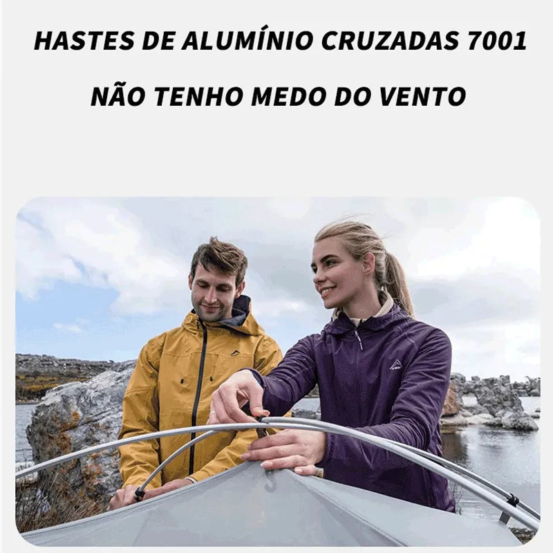 Diagrama da Tenda de Trekking Cloud River 3 Pessoas, detalhando haste de alumínio 7001 e tecido Oxford 150D.