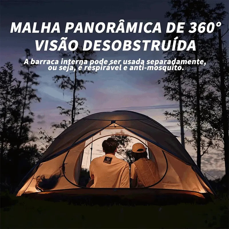 Barraca Cloud River 3P à noite, mostrando a Malha Panorâmica de 360° (tela mosquiteiro) para ventilação e visão desobstruída.