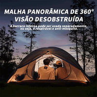 Barraca Cloud River 3P à noite, mostrando a Malha Panorâmica de 360° (tela mosquiteiro) para ventilação e visão desobstruída.