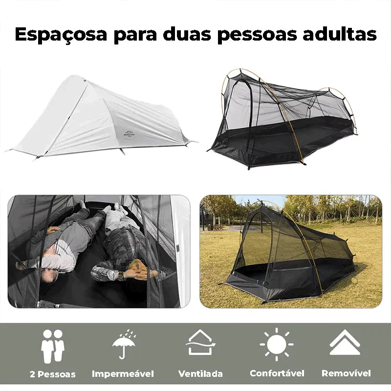 Imagens que comprovam o espaço para duas pessoas adultas e o design ventilado, maximizando o conforto e proteção anti-mosquito.