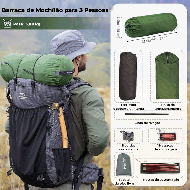 Barraca de Mochilão para 3 Pessoas com peso de 3.08 kg e kit completo de acessórios, incluindo 19 estacas para máxima segurança.