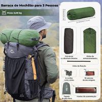 Barraca de Mochilão para 3 Pessoas com peso de 3.08 kg e kit completo de acessórios, incluindo 19 estacas para máxima segurança.