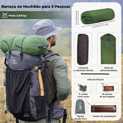 Barraca de Mochilão para 3 Pessoas com peso de 3.08 kg e kit completo de acessórios, incluindo 19 estacas para máxima segurança.