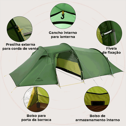 Detalhes de funcionalidade interna, como bolsos de armazenamento interno e gancho para lanterna, promovendo organização e segurança.