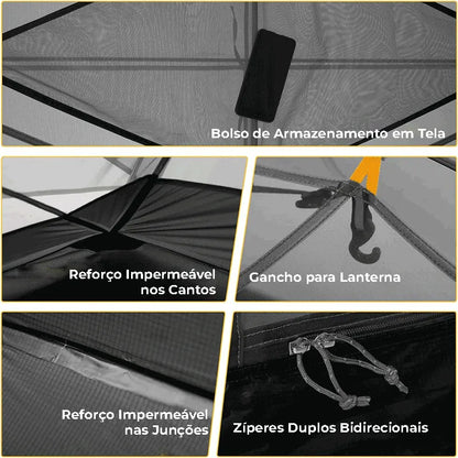 Detalhe de reforços impermeáveis nas junções e cantos, e zíperes duplos bidirecionais de alta durabilidade e vedação.