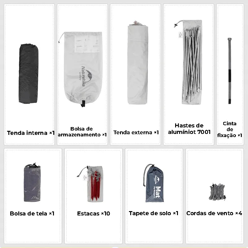 Componentes do kit completo de alto valor, destacando as Hast de Alumínio 7001, estacas e cordas para máxima segurança e portabilidade.