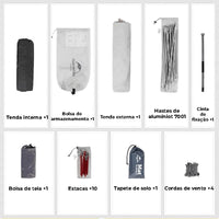 Componentes do kit completo de alto valor, destacando as Hast de Alumínio 7001, estacas e cordas para máxima segurança e portabilidade.