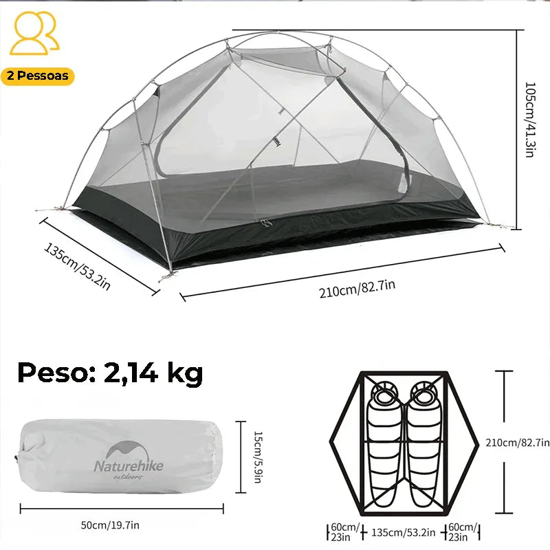 Diagrama da barraca 2 Pessoas destacando o Peso ultraleve de 2.14 KG, essencial para portabilidade em longas caminhadas.