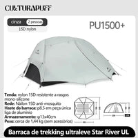Dimensões de transporte da Barraca Star River UL: embalagem ultracompacta (42 x 12 cm) e peso de 1.8 kg.
